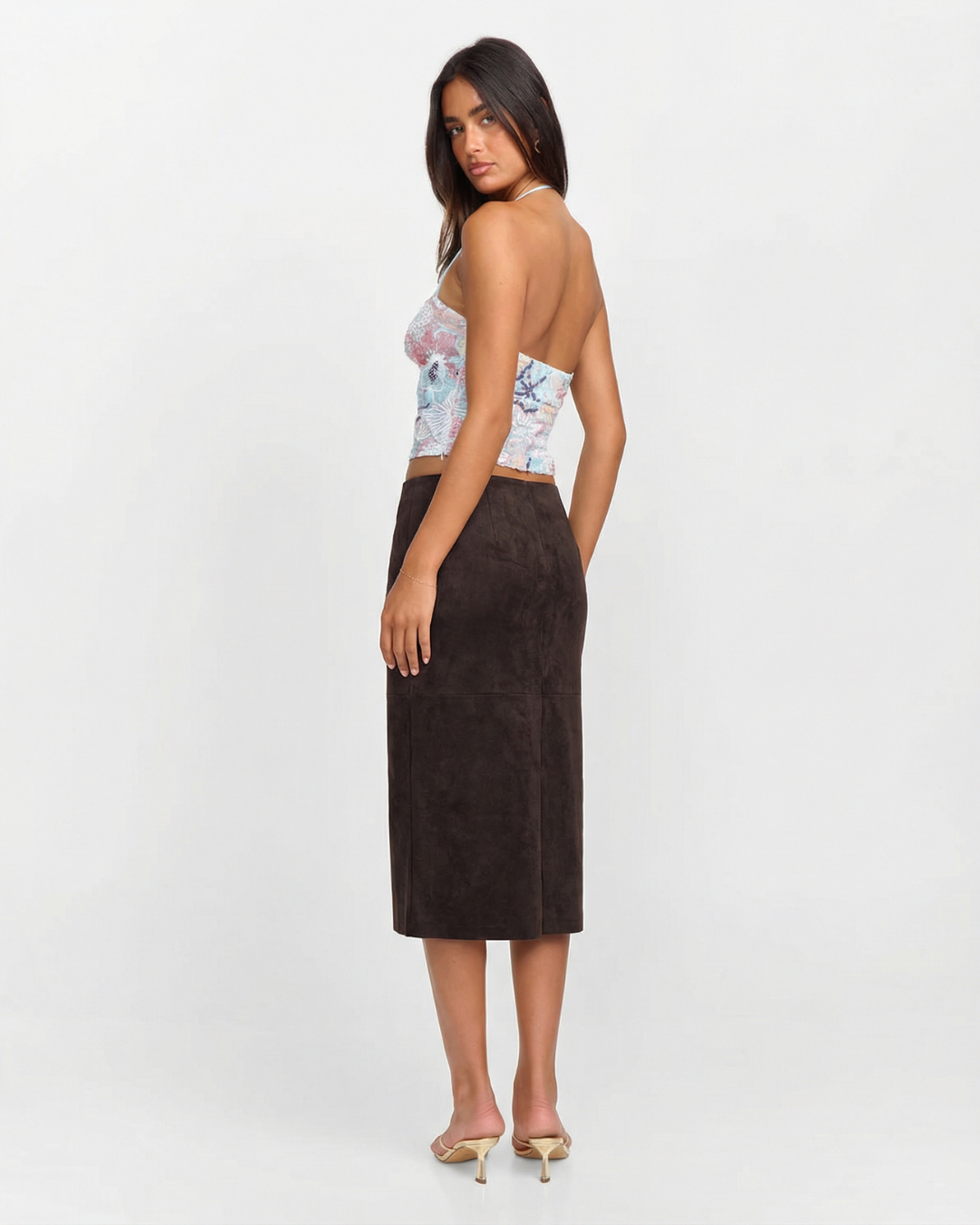 Margot | Suede Wrap Midi Skirt Brown Button Front