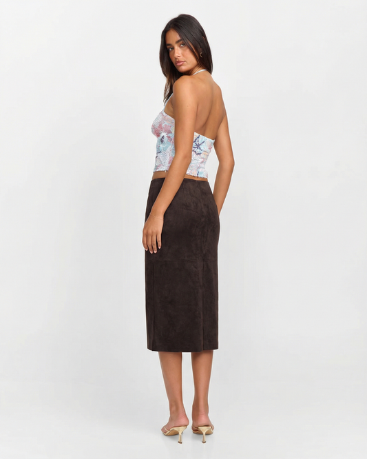 Margot | Suede Wrap Midi Skirt Brown Button Front