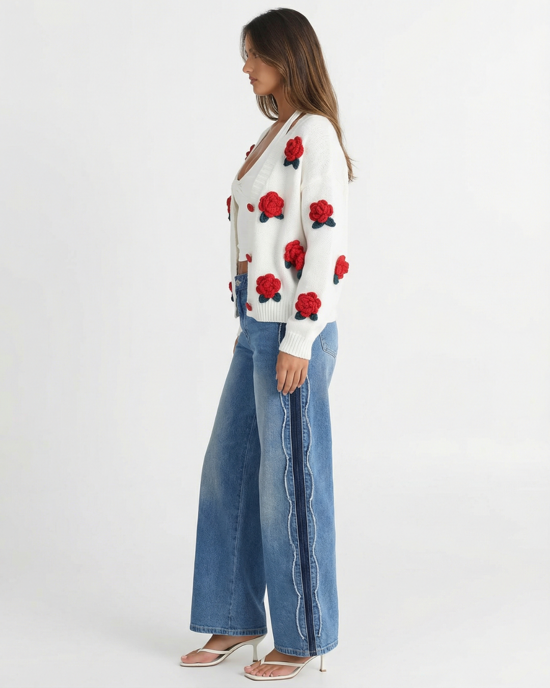 Kit | White Cardigan Knitted Floral Applique Red Button Up Long Sleeve