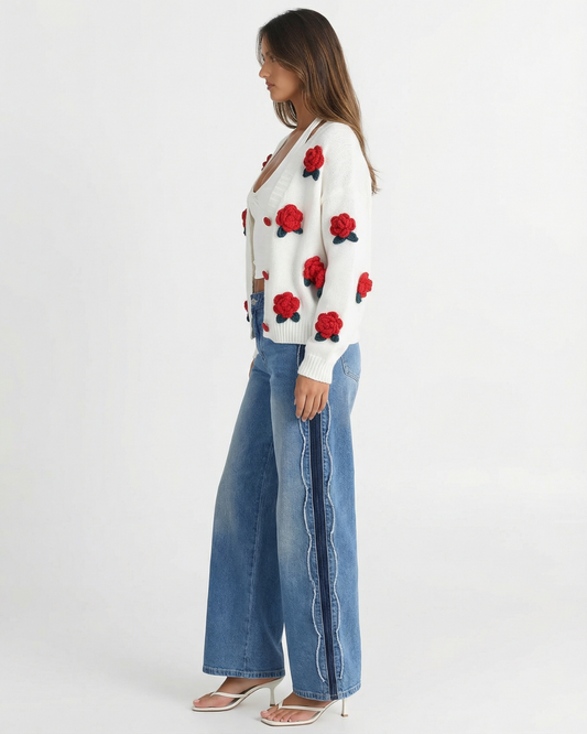 Vera | Floral Applique Cardigan White Red Roses Button Up