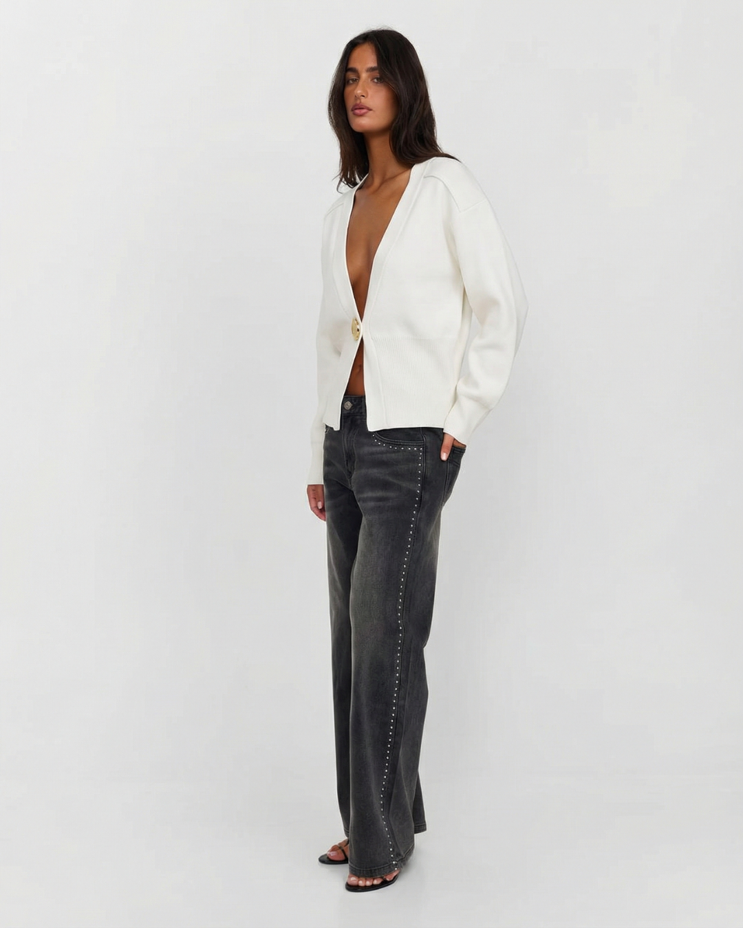 Etta | Elegant Satin Blouse Cream V Neck Long Sleeve Fitted