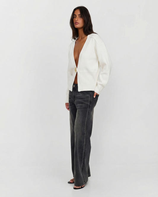 Ivy | Cropped Satin Blouse Cream V Neck Long Sleeve