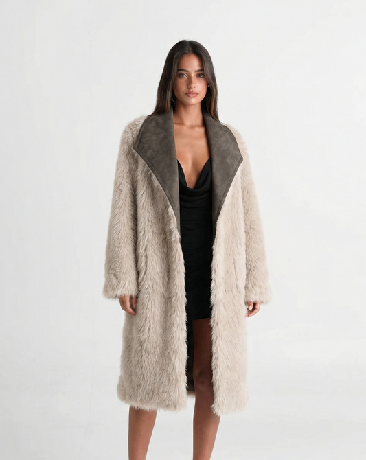 Freya | Long Faux Fur Coat Cream Oversized Collar