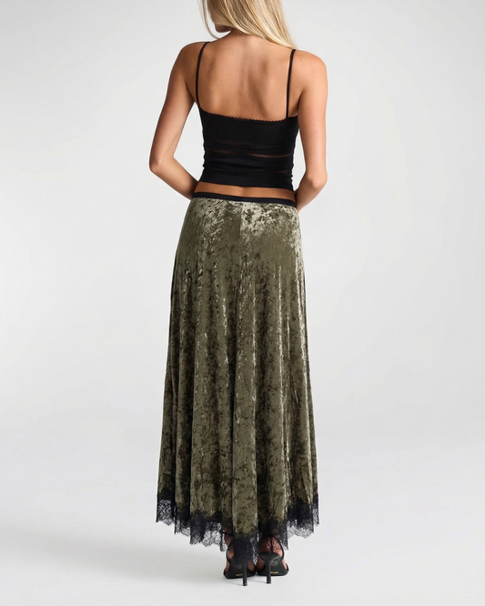 Nell | Elegant Velvet Maxi Skirt Green Lace Trim Pleated