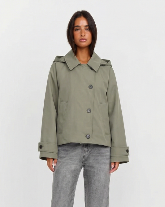 Margot | Cropped Rain Jacket Sage Green Hooded Button Up