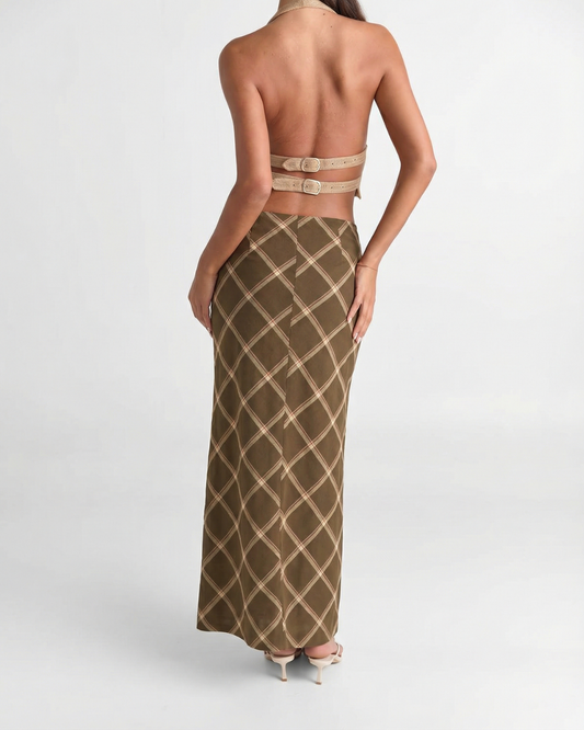 Darcy | Maxi Skirt Brown Check Wrap A Line