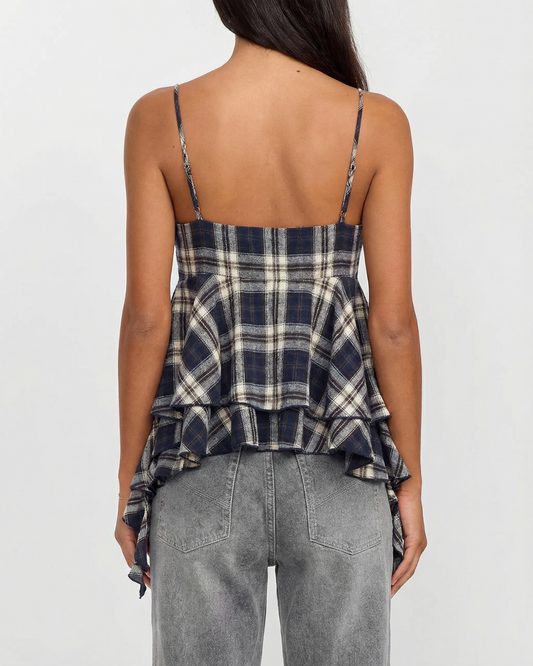 Ayla | Elegant Peplum Top Cami Navy Check Ruffle Spaghetti Strap