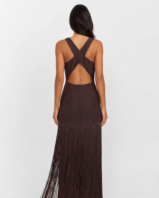 Romy | Casual Fringe Maxi Dress Brown