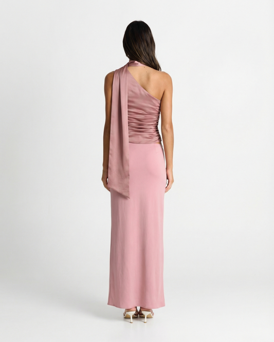 Flora | Elegant Halter Neck Top Pink Satin Sleeveless Ruched