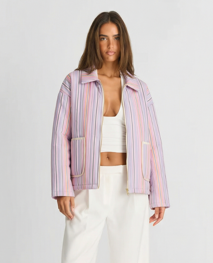 Sage | Summer Striped Shirt Jacket Pink Zip Up Oversized