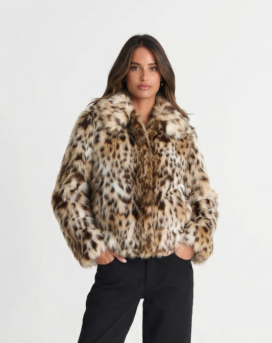 Alma | Winter Leopard Print Faux Fur Jacket Brown