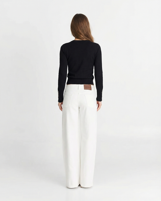 Margot | Ribbed Crew Neck Sweater Black Button Cuff Long Sleeve