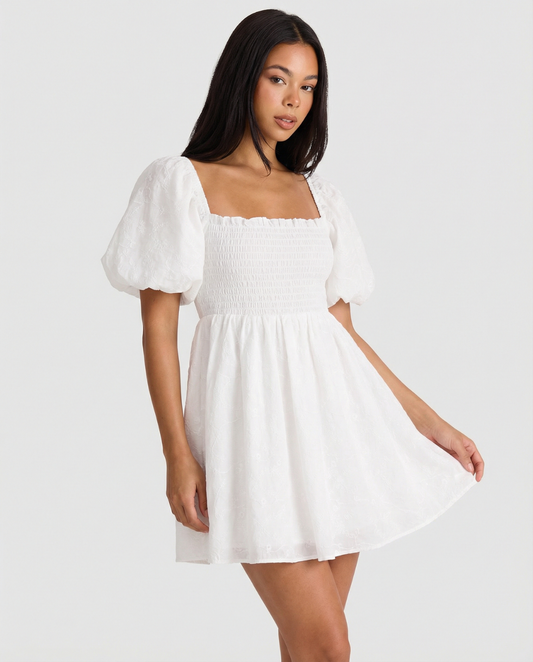 Posy | Summer Puff Sleeve Smock Dress White