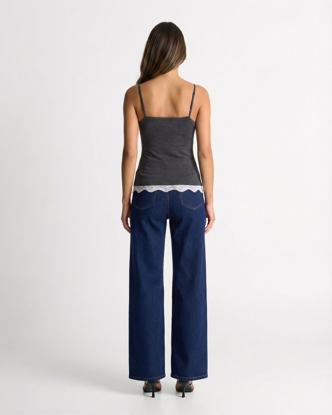 Viola | Everyday Lace Trim Cami Top Grey V Neck Fitted Sleeveless