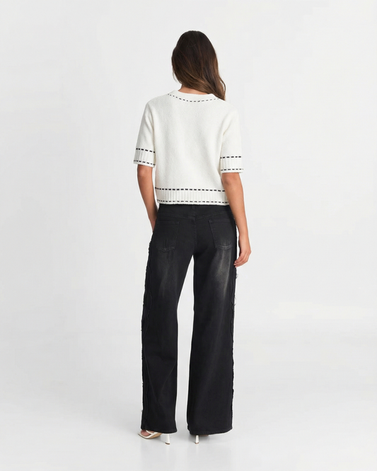 Margot | Cropped Blouse White Short Sleeve Button Front Contrast Stitch