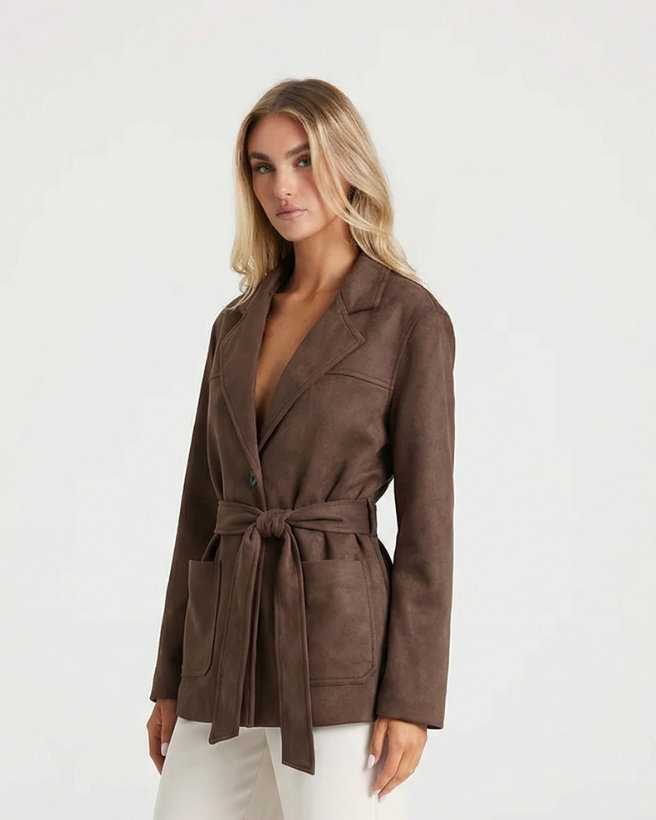 Yara | Belted Brown Blazer Jacket Long Sleeve Tailored