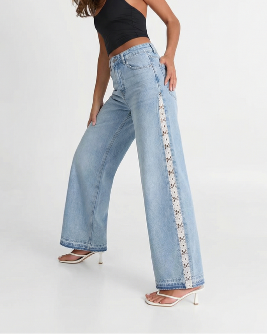 Thea | Wide Leg Jeans Light Blue High Waisted Crochet Panel