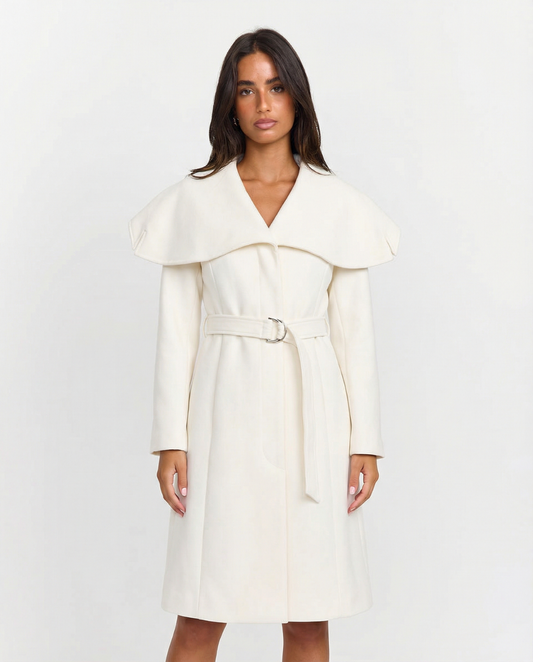 Tess | Elegant Belted Coat Cream Long Sleeve Peplum Collar