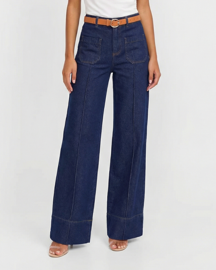 Thea | Wide Leg Jeans Dark Blue High Waisted Utility Pocket