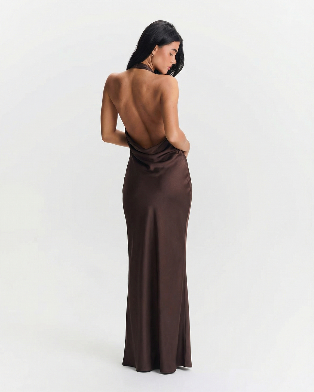 Erin | Elegant Satin Halter Neck Dress Brown