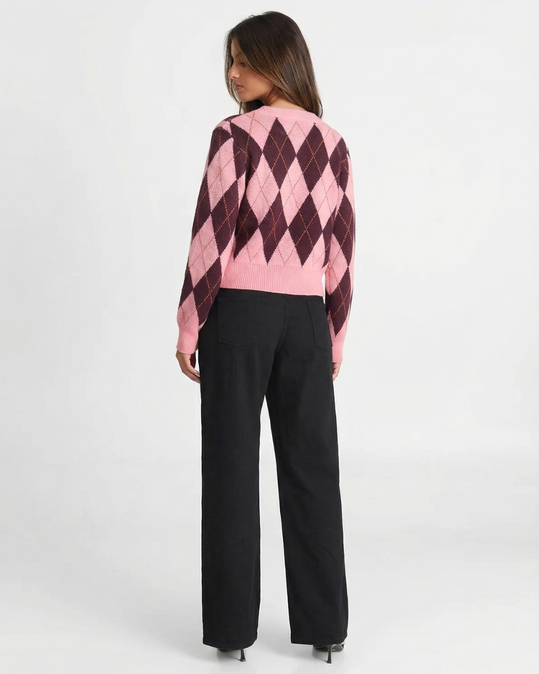Zoe | Casual Argyle Knitted Cardigan Pink Brown Long Sleeve