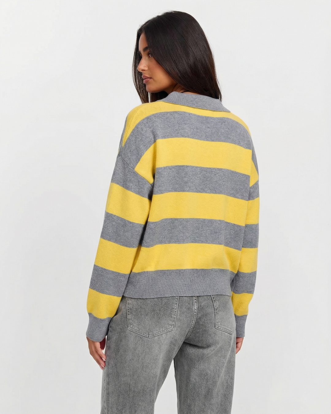 Ella | Yellow Stylish Striped Knit Polo Jumper
