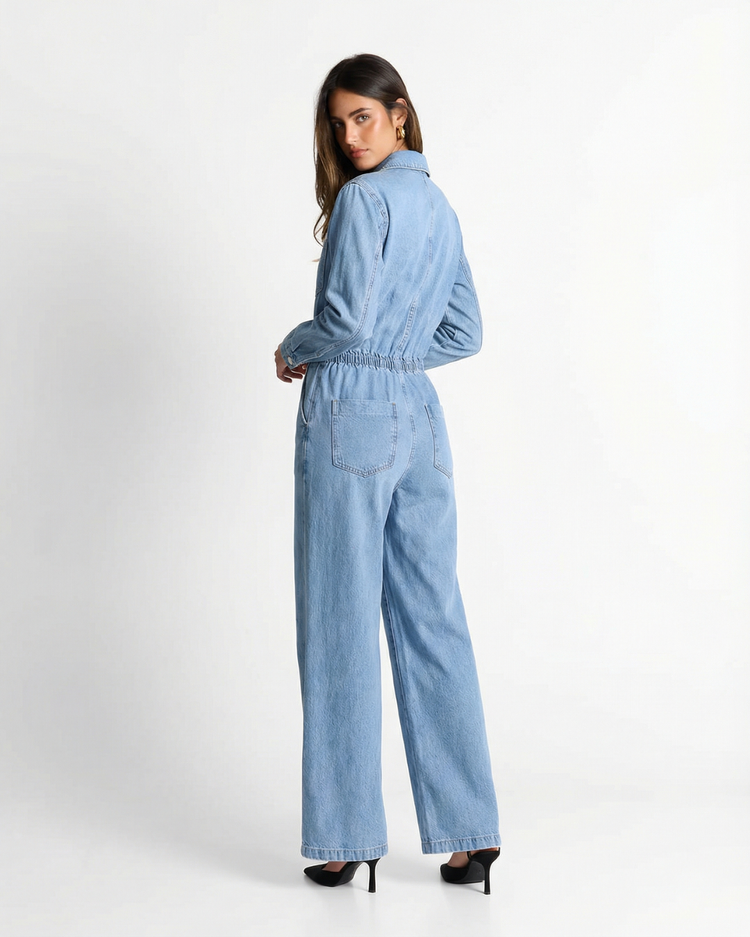 Nea | Casual Light Blue Denim Jumpsuit Long Sleeve Drawstring