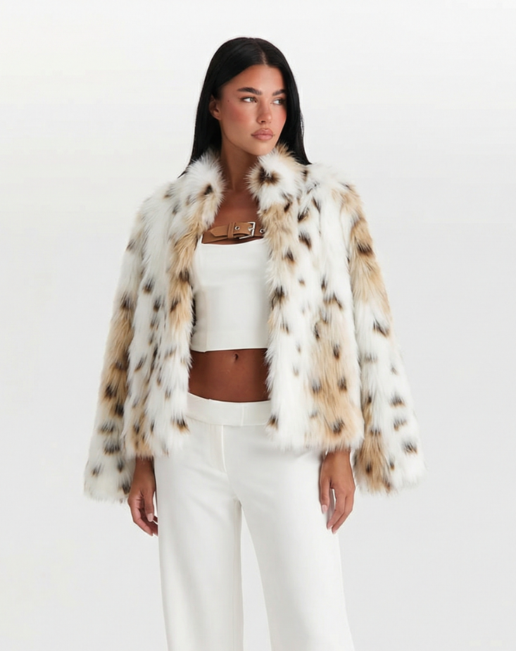 Vera | Leopard Faux Fur Coat Cream Short Sleeve Cropped