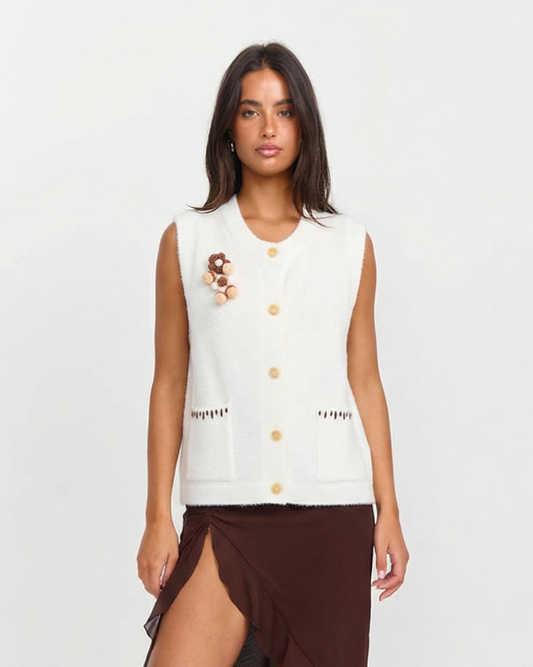 Margot | Sleeveless Knit Vest Cream Button Front Pocket Detail