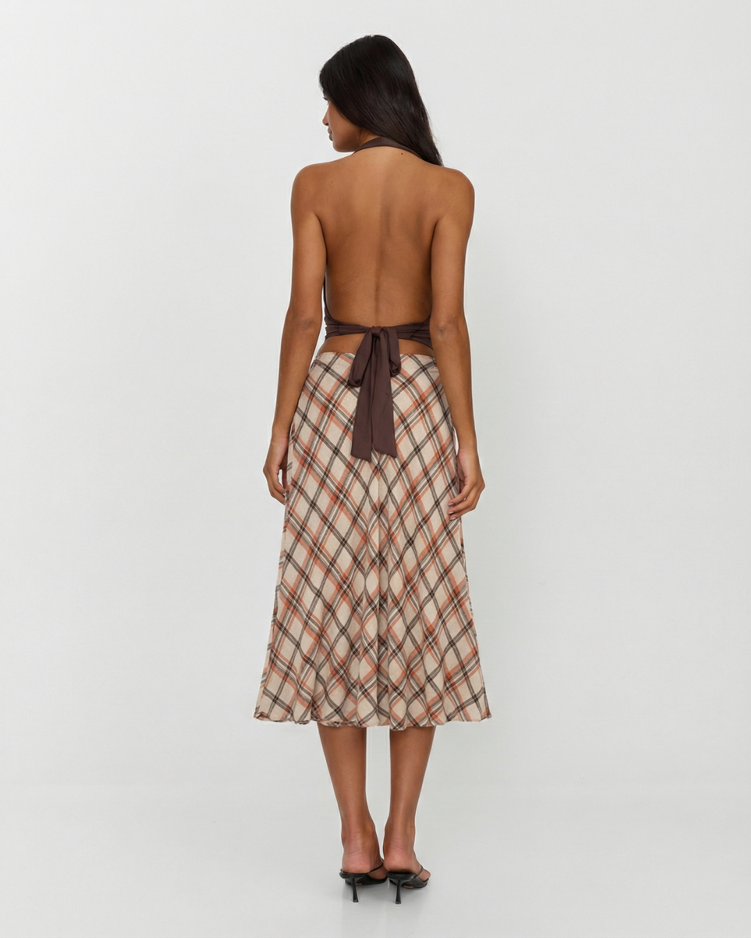 Faye | Plaid A Line Midi Skirt Beige Flared