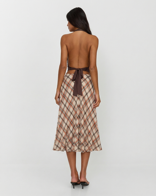 Faye | Plaid A Line Midi Skirt Beige Flared