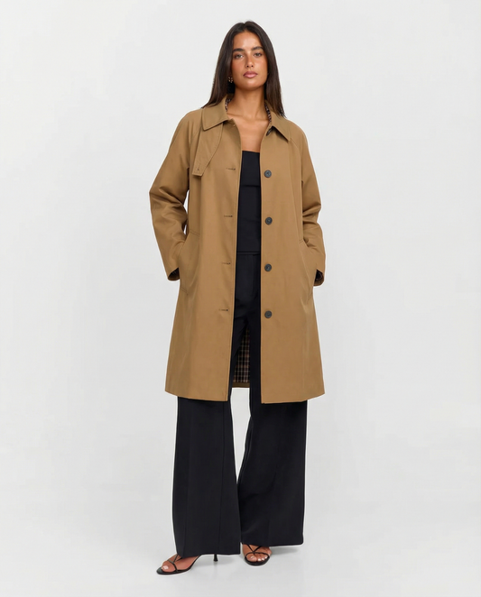 Talia | Smart Casual Longline Coat Camel Buttoned