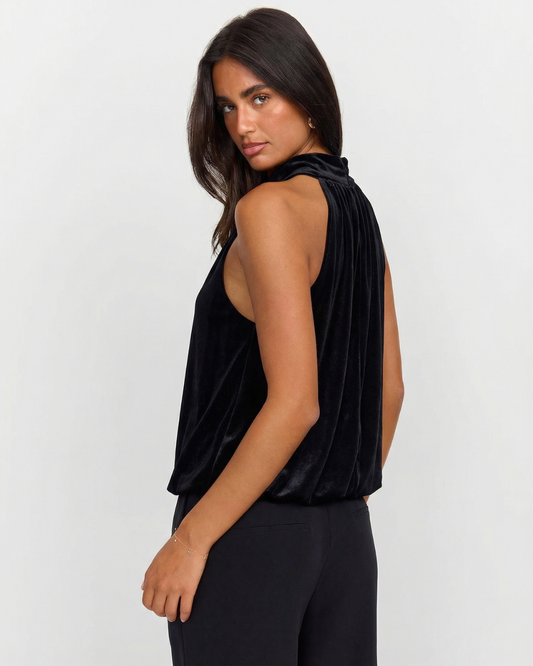 Hazel | Elegant Velvet Top Black Halter Neck Tie Sleeveless