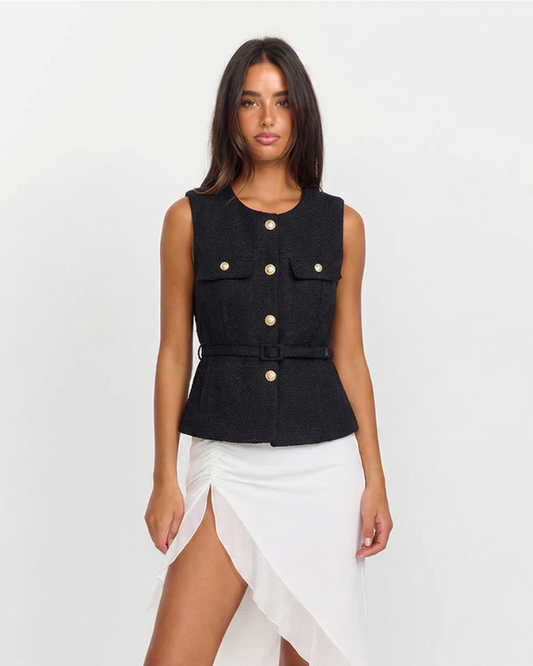 Olive | Sleeveless Tweed Vest Black Gold Button Belted