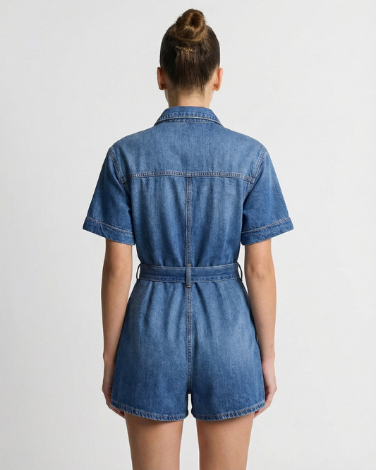 Rosa | Casual Denim Shirt Jumpsuit Blue Belted Short Sleeve