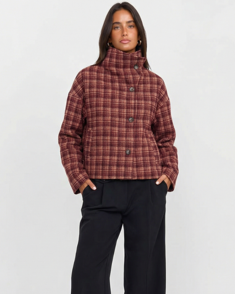 Lux | Autumn Quilted Jacket Brown Check Padded High Neck