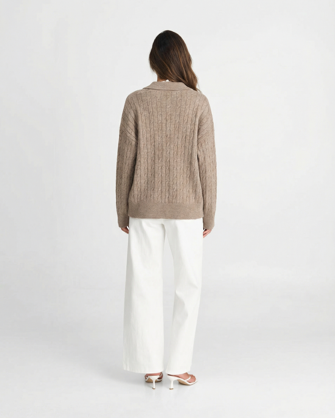 Eleanor | Brown Cosy Cable Knit V-Neck Polo Jumper
