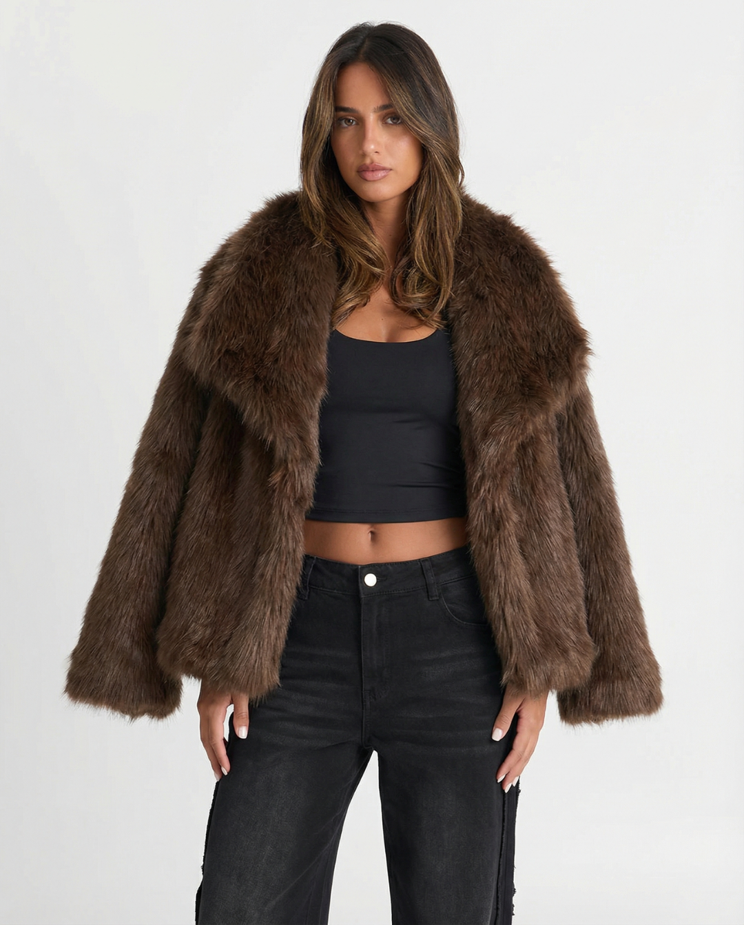 Suki | Winter Fluffy Faux Fur Coat Brown