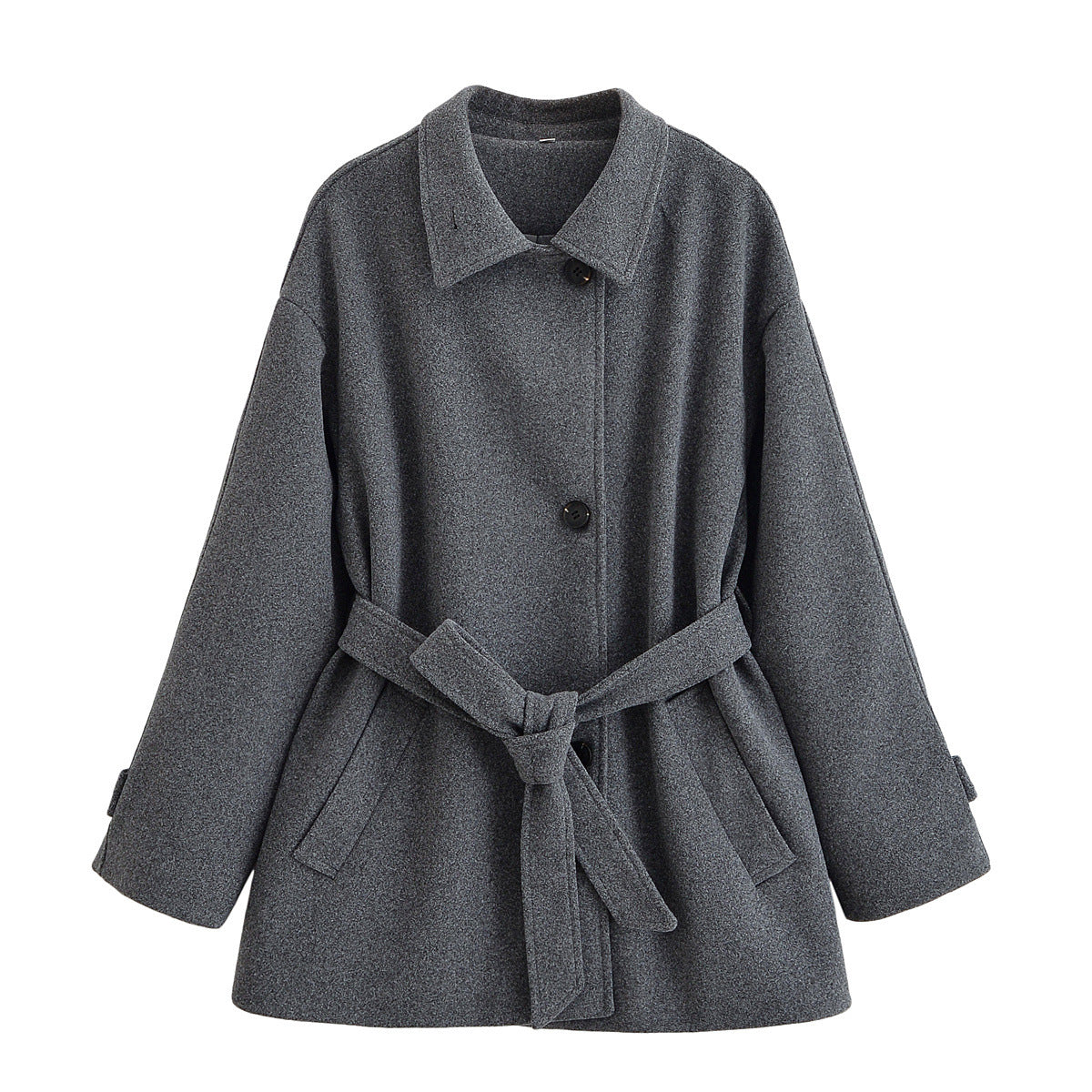 Elise | Winter Belted Jacket Grey Wool Blend Oversized Collar