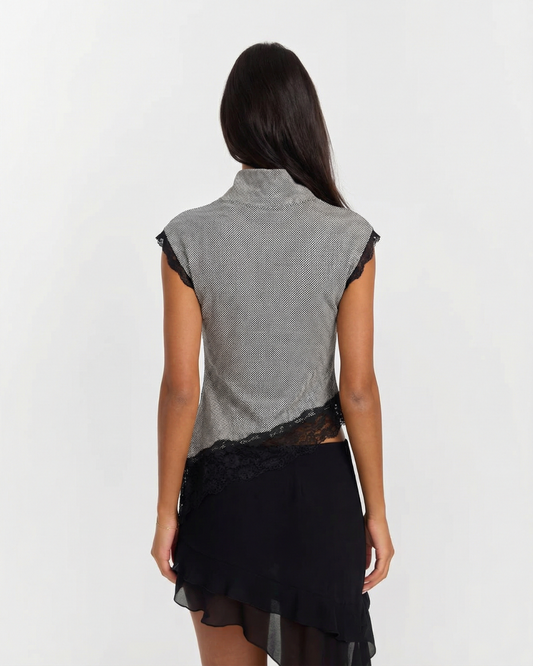 Piper | Asymmetric Cowl Neck Top Grey Sleeveless Lace Trim Fitted