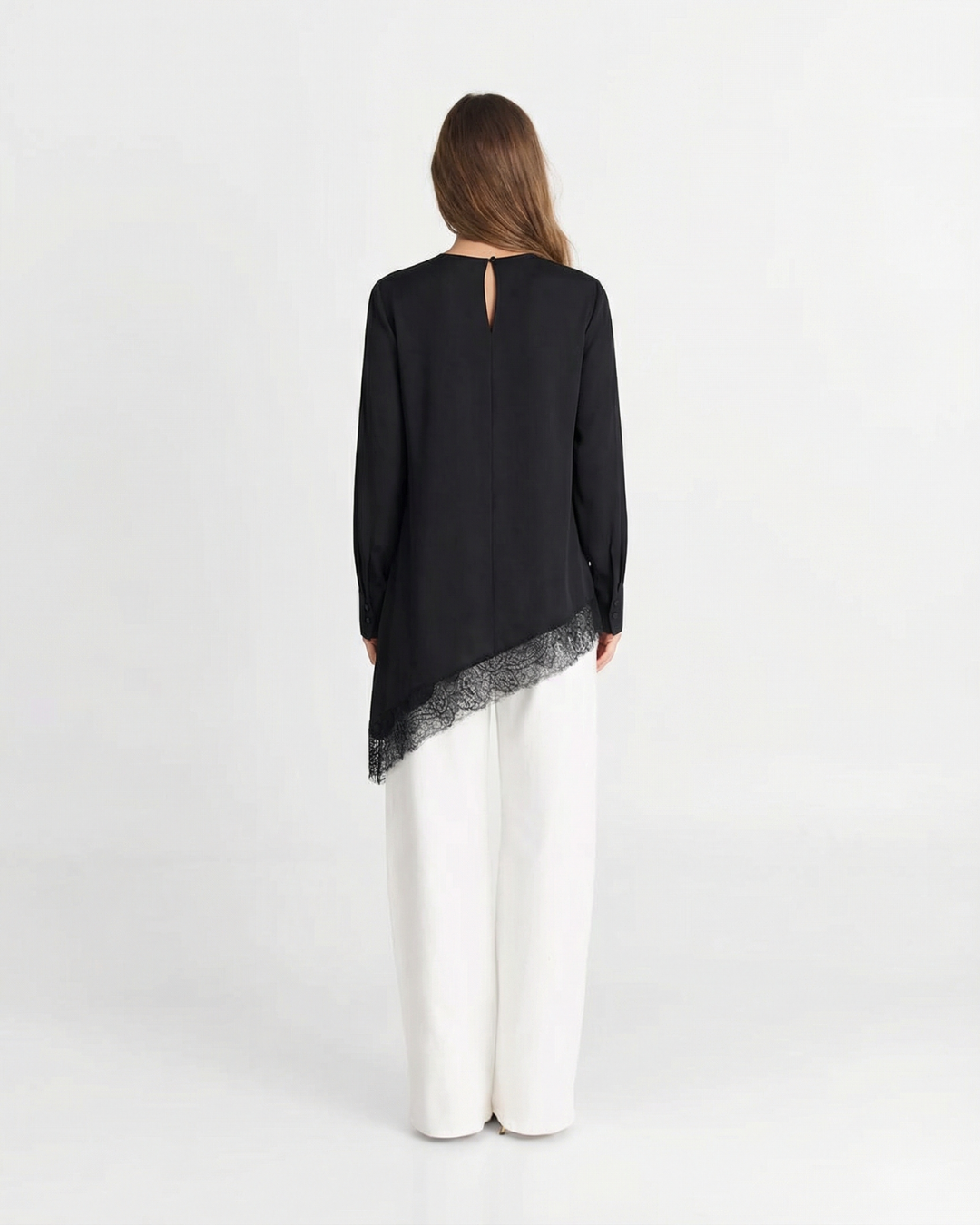 Mia | Elegant Asymmetric Blouse Black Long Sleeve Lace Trim