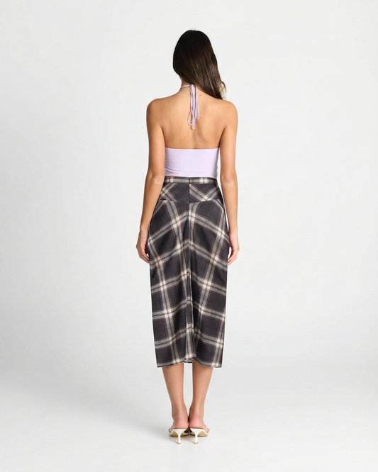 Elise | Check Midi Skirt Grey Wrap Tie Front