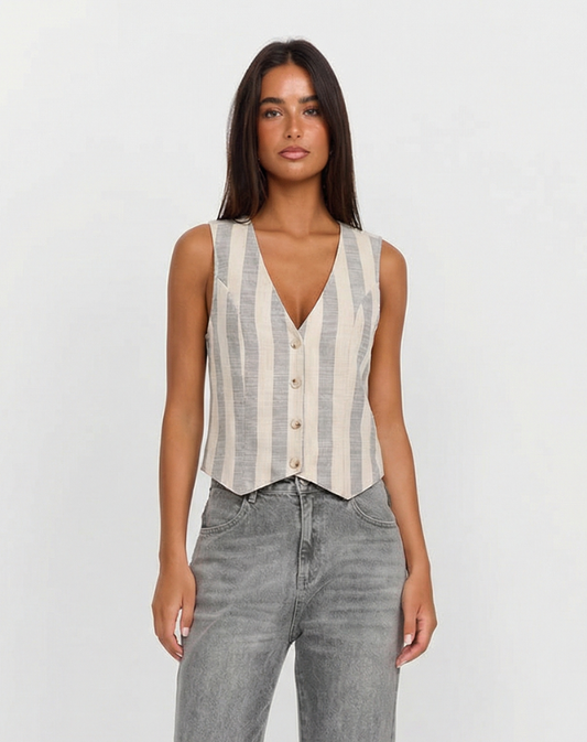 Leah | Striped Linen Vest Cream Button Front V Neck Sleeveless