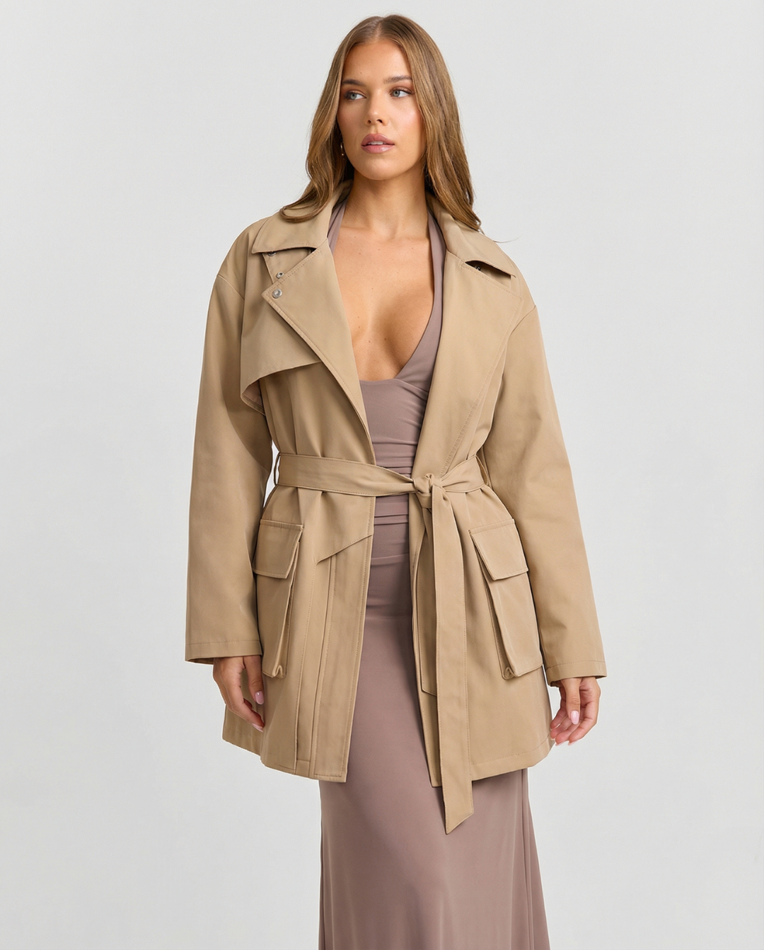 Willa | Utility Jacket Beige Belted Cargo Pockets Long