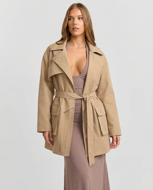 Willa | Utility Jacket Beige Belted Cargo Pockets Long