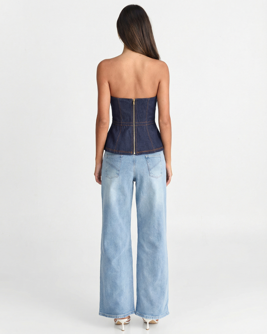Faye | Strapless Corset Top Denim Navy Peplum Fitted Bustier