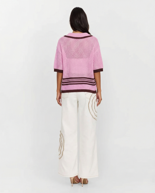 Florence | Pink Relaxed Open Knit Polo Cardigan