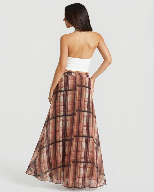 Ada | Autumn Tiered Maxi Skirt Brown Check Sheer