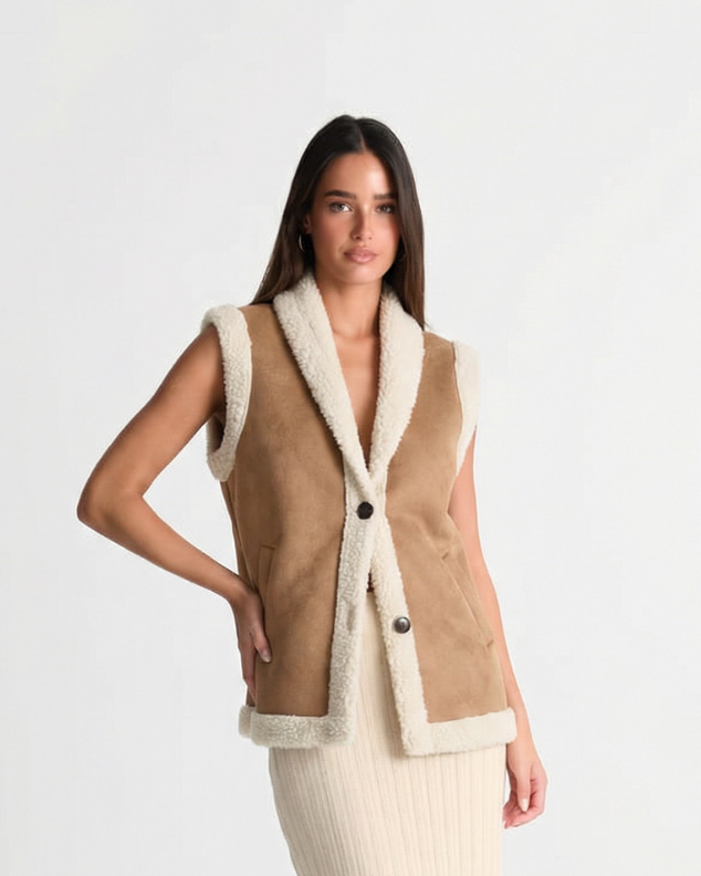 Xena | Autumn Shearling Gilet Beige Sleeveless Faux Fur Trim Longline