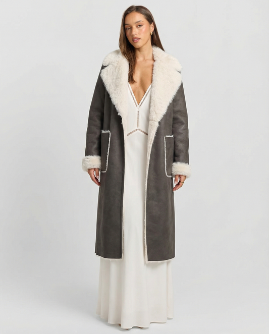 Margot | Sherpa Lined Suede Coat Gray Cream Collar